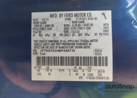 2011 Ford Ranger Xlt z USA, uszkodzony, nr VIN 1FTKR1ED4BPA65718